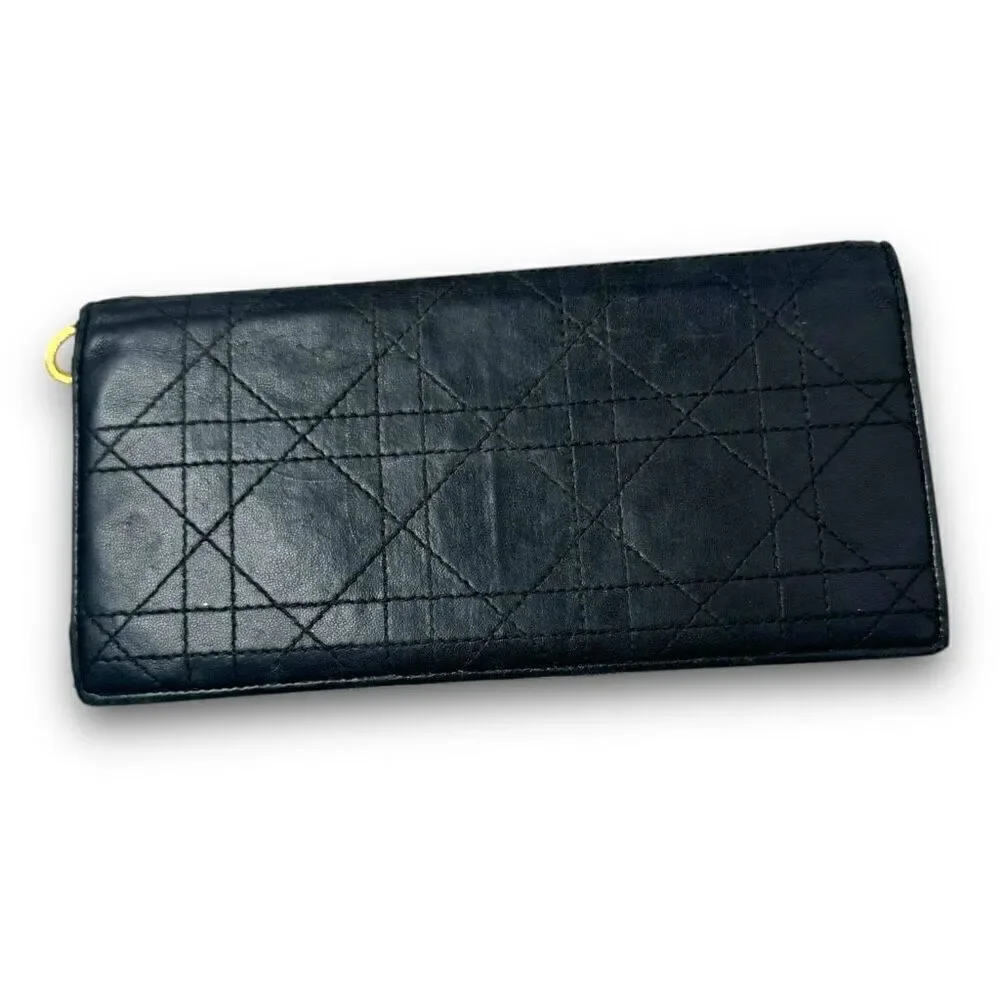 Vintage Christian Dior Lady Dior Black Leather Quilted Long Wallet 7.5 x 3.75